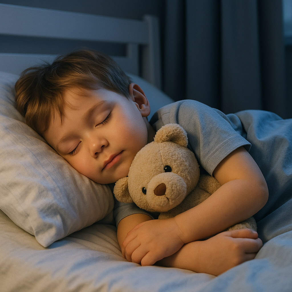 Cozy nighttime routine with a child reading a bedtime story beside a soft night light