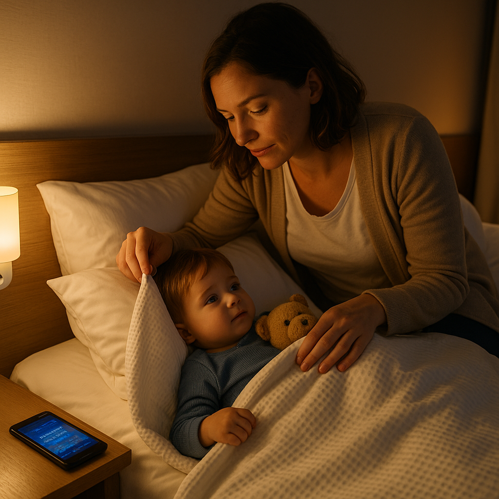 Parent tucking toddler into hotel bed with stuffed toy, soft nightlight, and bedtime story app glowing on nightstand — showing how families create familiar sleep routines while traveling.
