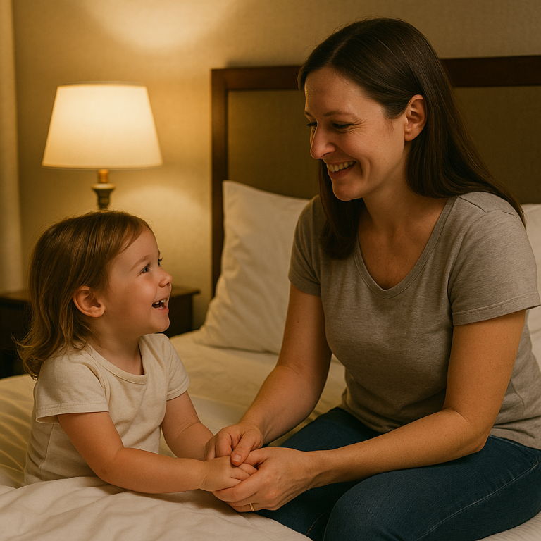 Parent holding toddler’s hand by hotel bed, with both smiling at each other before lights out.