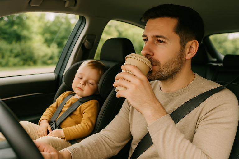 Parent holding coffee cup while toddler naps.
