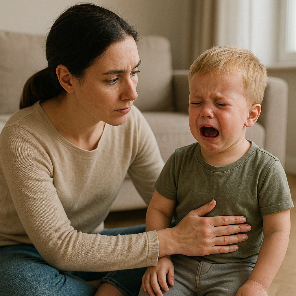 Parent staying calm while toddler throws a tantrum at home.