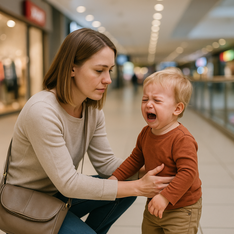 Parent calmly supporting toddler during a public tantrum, showing empathy and patience.