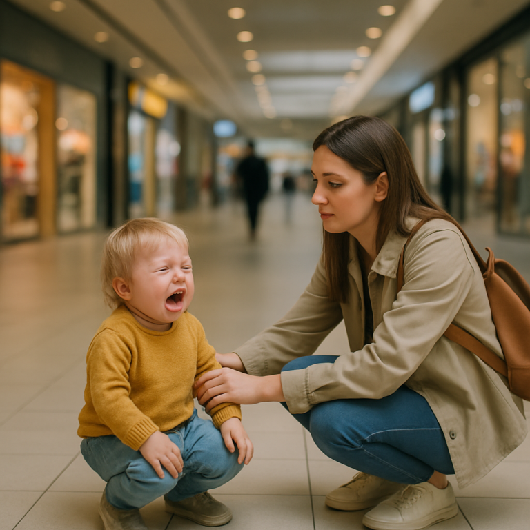 A calm mother kneeling beside her crying toddler in a busy shopping mall, gently holding the child’s arm to comfort them.