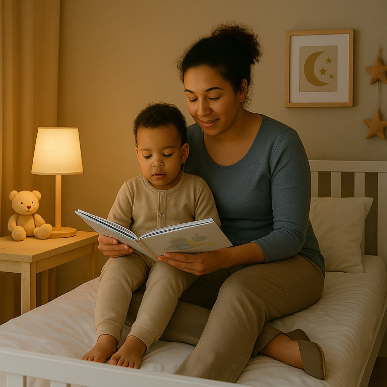 Parent reading bedtime story as part of consistent toddler routine.
