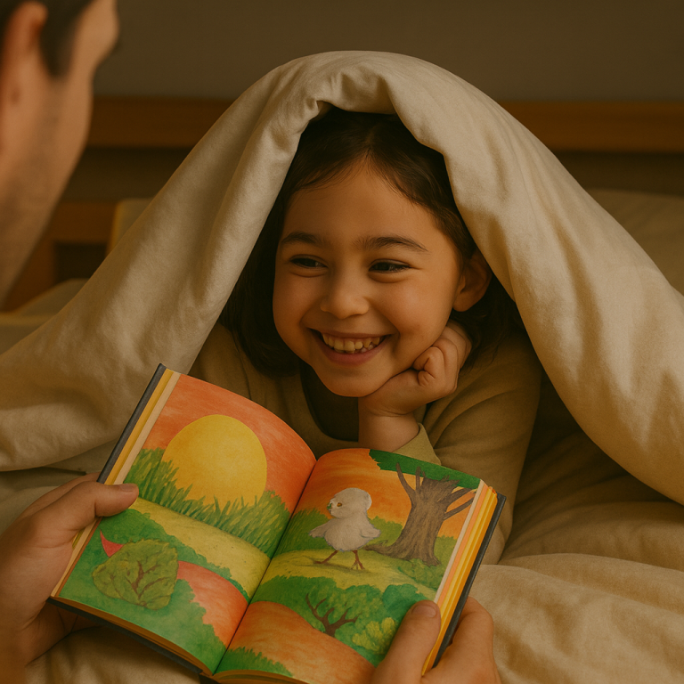 A child tucked under blankets smiles brightly while listening to a parent read from a colorful children’s book at bedtime.