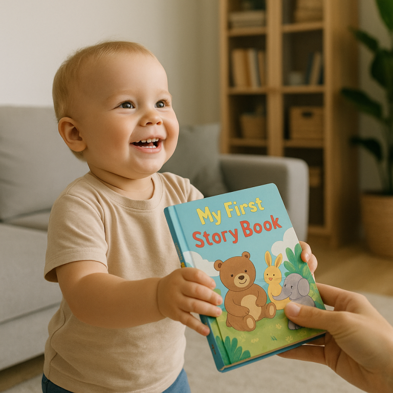A toddler smiling while proudly handing a colorful storybook titled "My First Story Book" to a parent in a cozy living room.