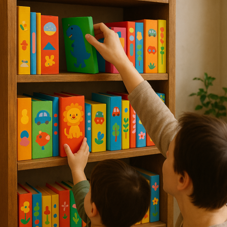 A parent and child reaching for colorful children’s books on a wooden bookshelf.