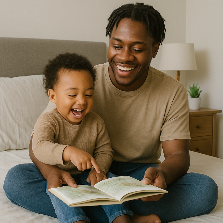 A parent and toddler reading a storybook together on a bed in a cozy, softly lit room.