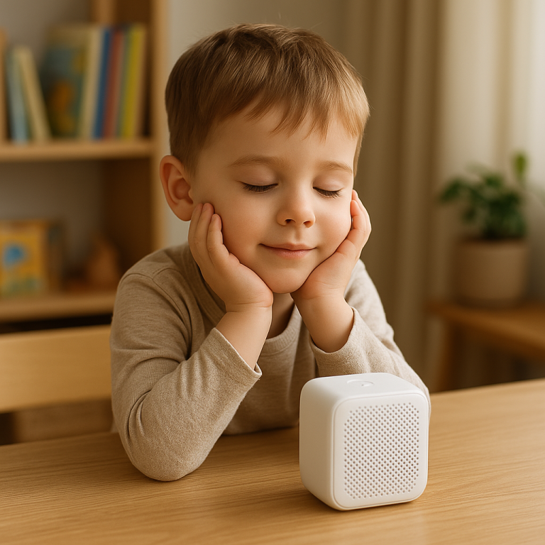 Illustrates a calm moment that promotes focus and early language development through narrated storytelling.