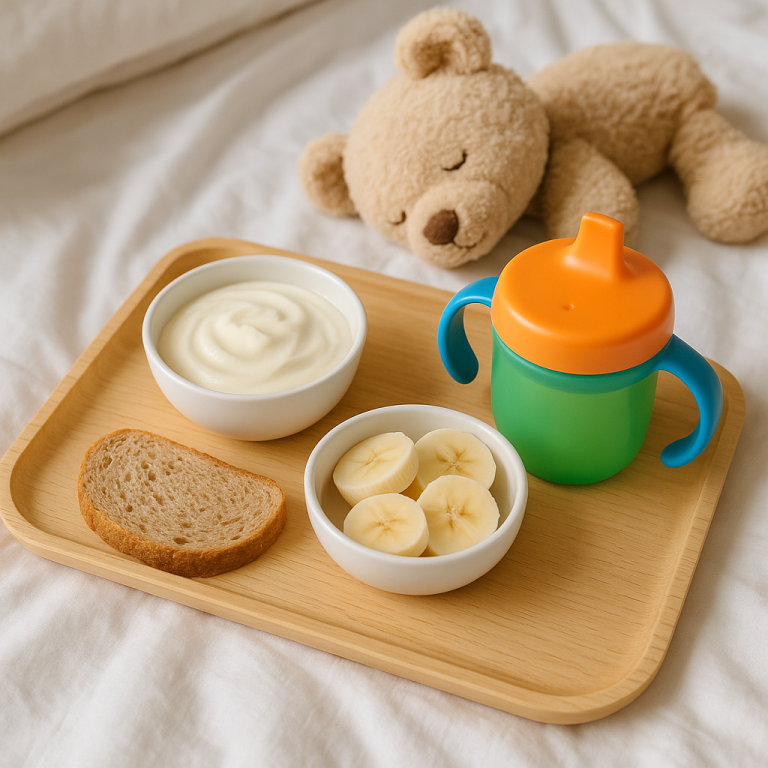 A toddler sitting at the kitchen counter eating banana slices and sipping warm milk before bedtime.