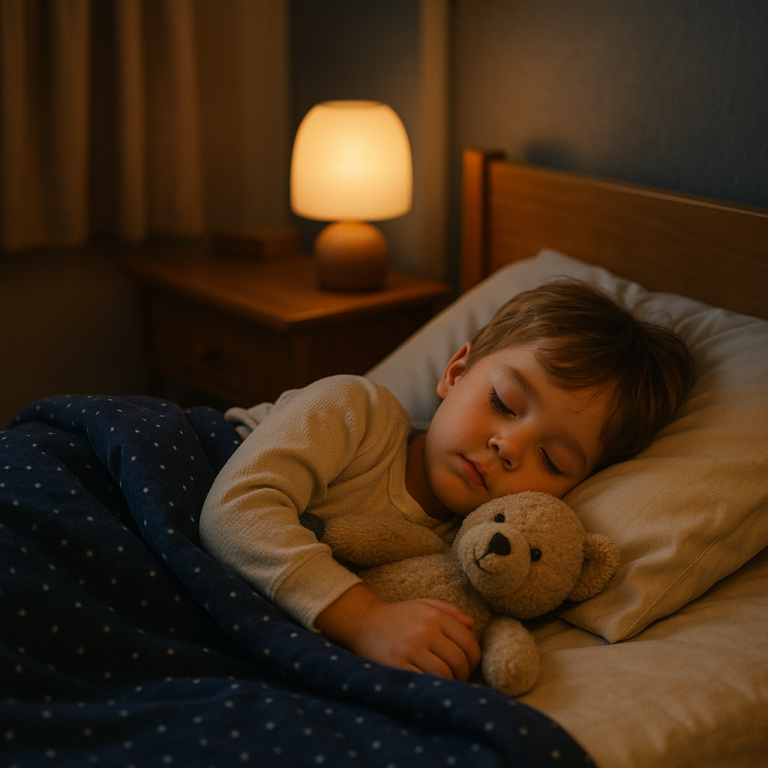 A peacefully sleeping child cuddled up with a stuffed animal