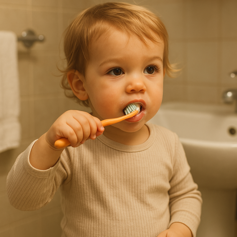Child brushing teeth as part of a bedtime routine