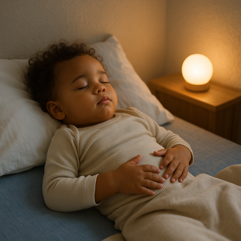 Toddler lying calmly on their back with hands on belly, practicing slow breathing in a softly lit bedroom with a warm night-light.