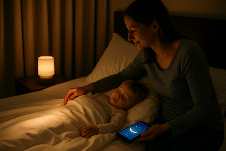 Parent tucking toddler into a hotel bed with a small nightlight glowing and a bedtime story app on the phone.