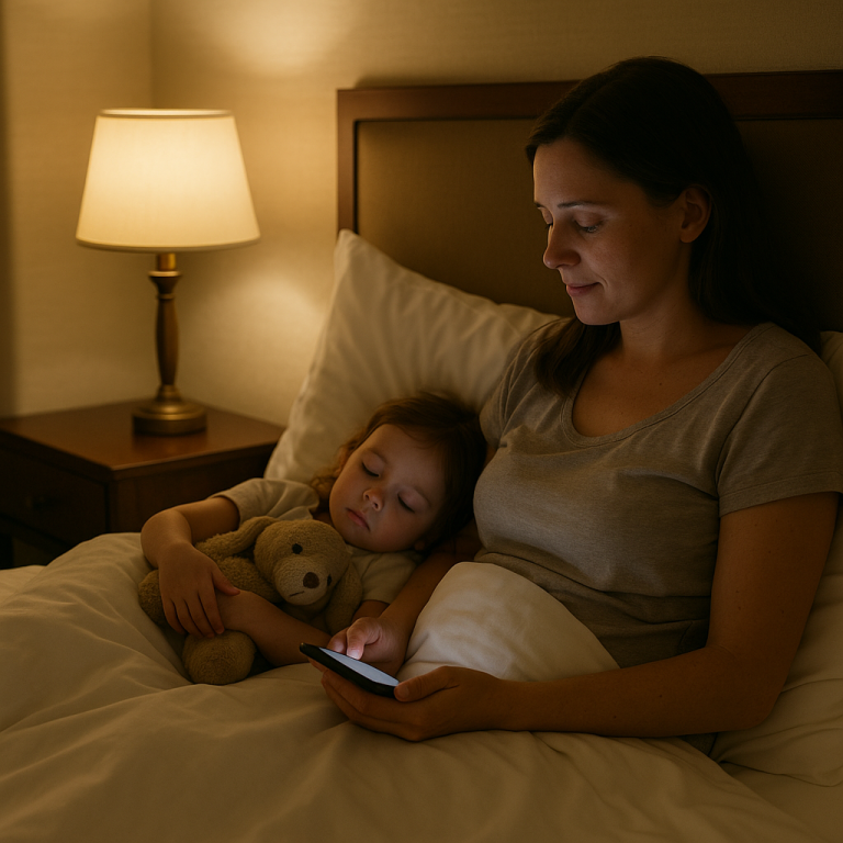 Parent sitting on the side of a hotel bed, softly reading from a bedtime app while toddler cuddles a stuffed toy.