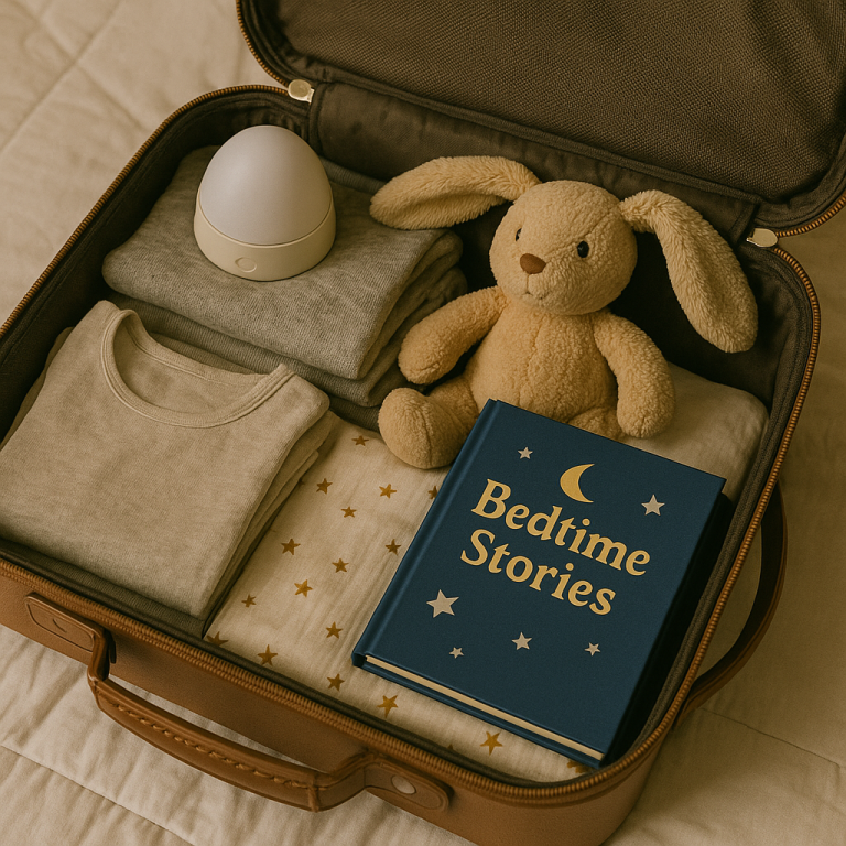 A small suitcase neatly packed with toddler sleep essentials like a nightlight, storybook, and plush toy.