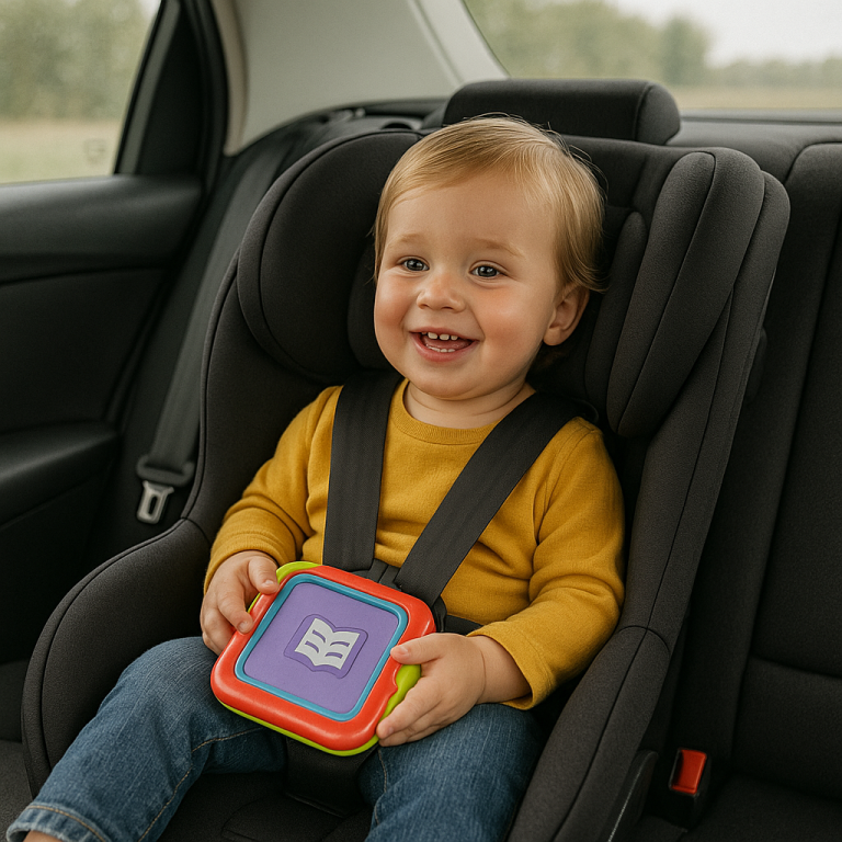A realistic image showing a toddler enjoying a safe and happy car ride while entertained, representing the idea of keeping kids content on long drives.