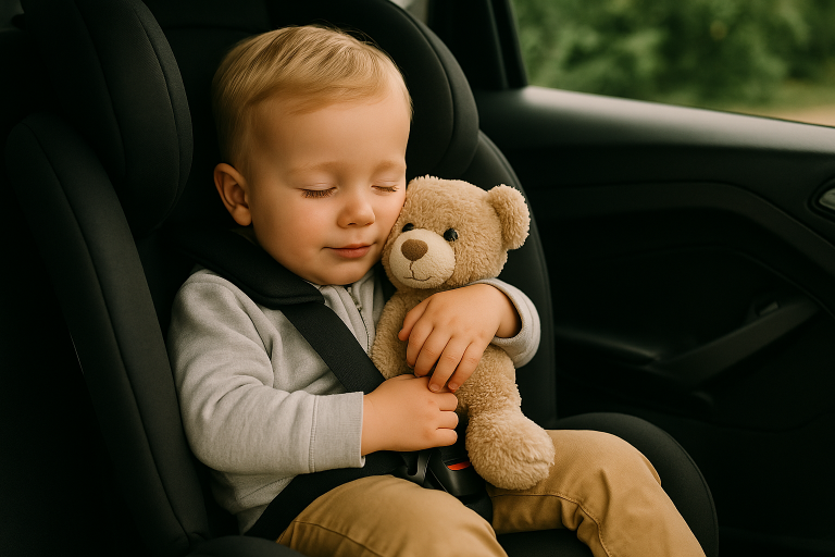 The image shows a toddler safely in a car seat, cuddling a stuffed animal for comfort during travel.