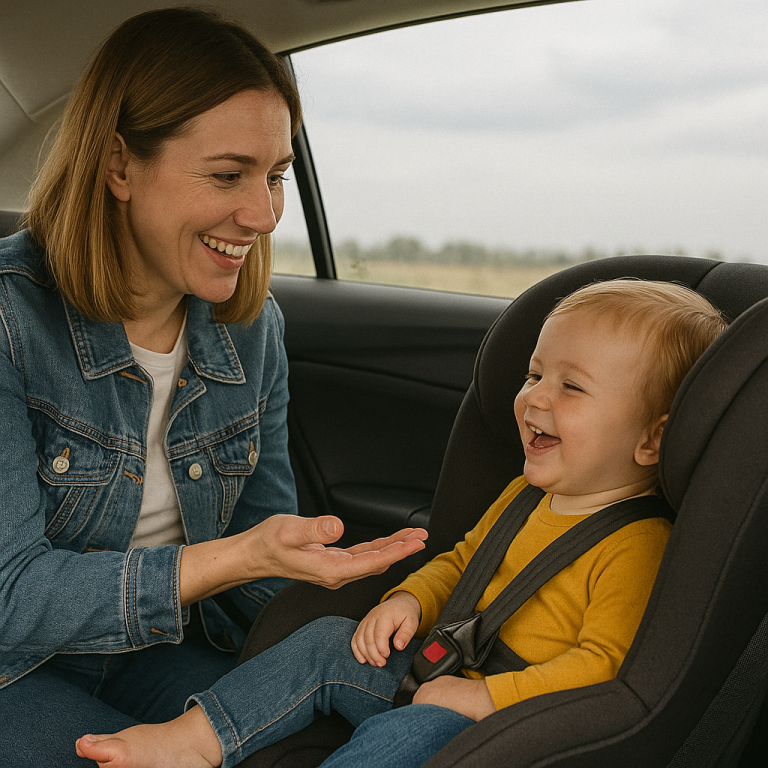 The image symbolizing how parents can stay flexible and positive during long drives with toddlers.