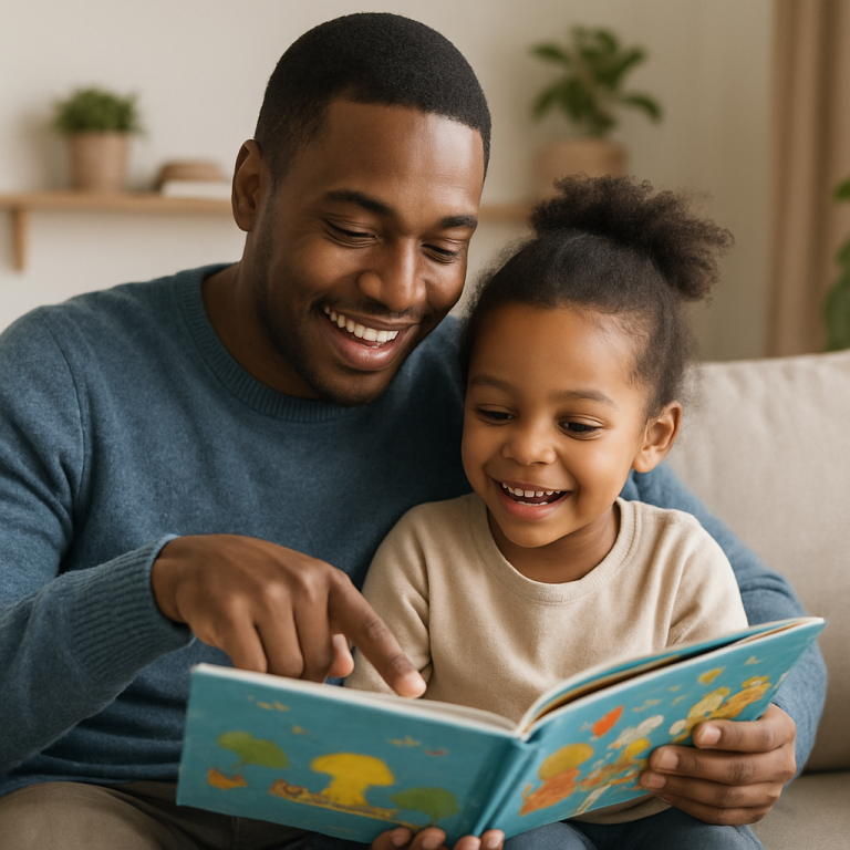 A parent and child snuggled on a couch, smiling while reading the same picture book together. The parent points to the page as the child looks intently, showing reading is interactive and joyful.