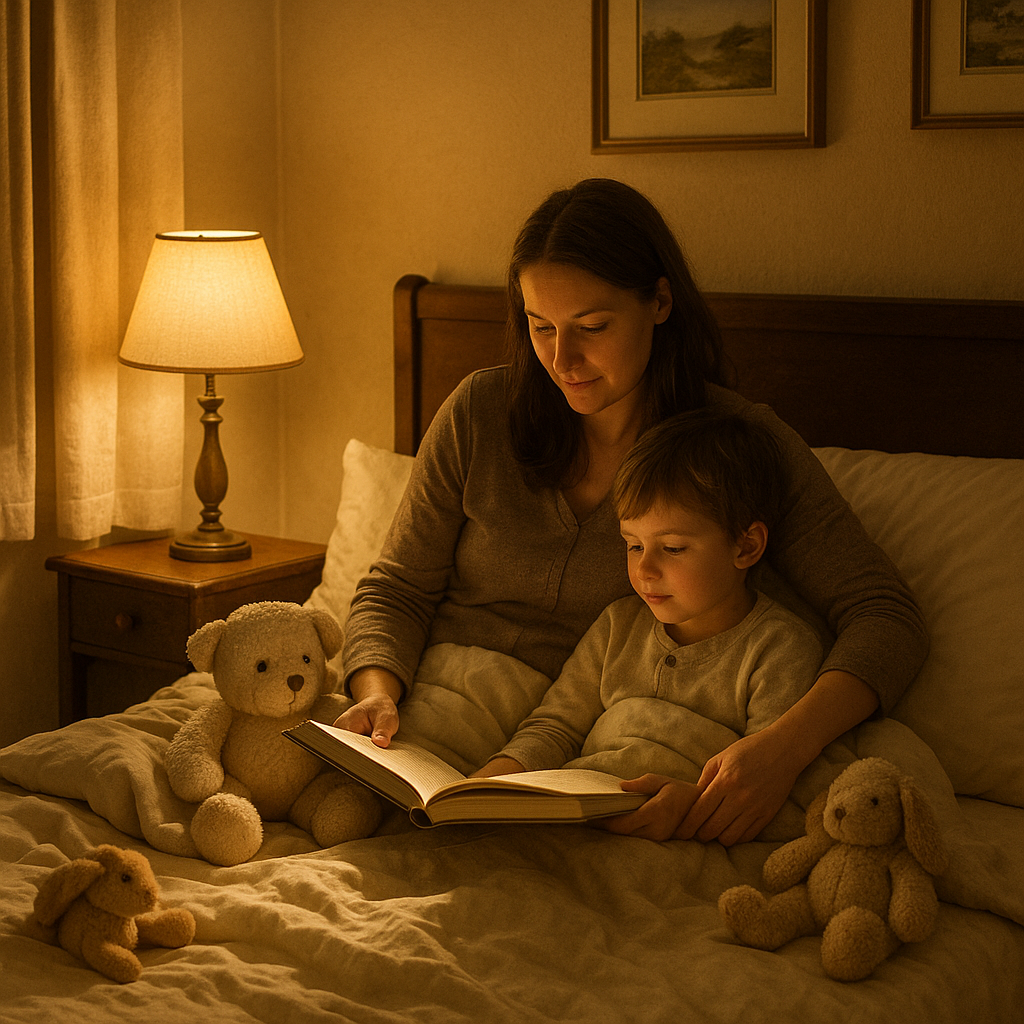 A cozy bedroom scene at night with a warm lamp glowing as a parent reads a bedtime story to a child, soft pillows and plush toys around, calm and gentle bedtime atmosphere.