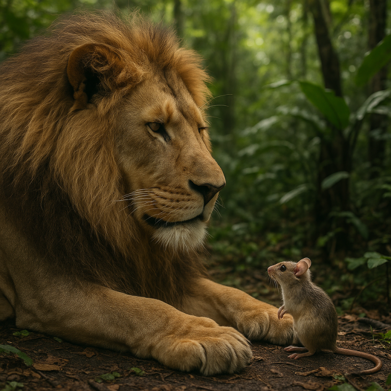 Illustration of a lion resting under a tree while a small mouse stands nearby smiling, friendly jungle setting, gentle story moment