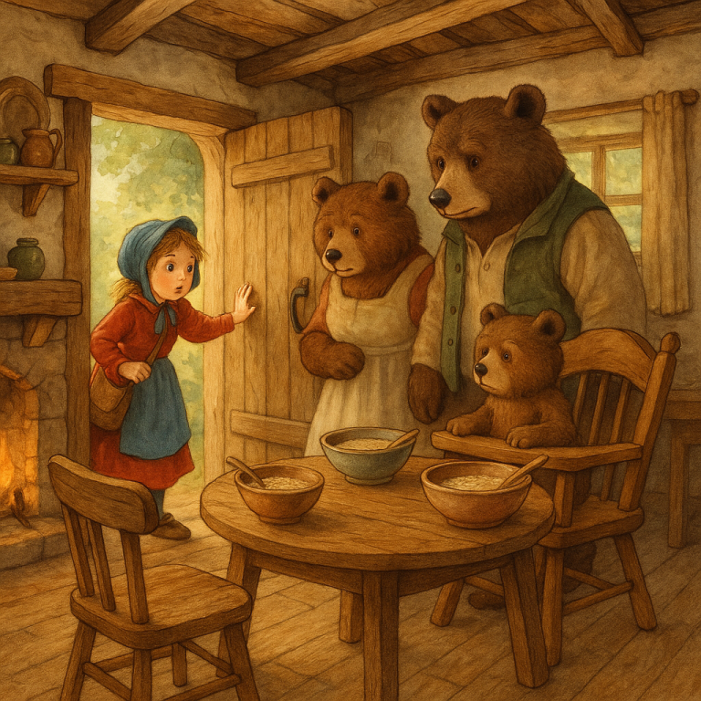 Little girl peeking into a cozy bear home with porridge bowls and chairs, warm cottage scene
