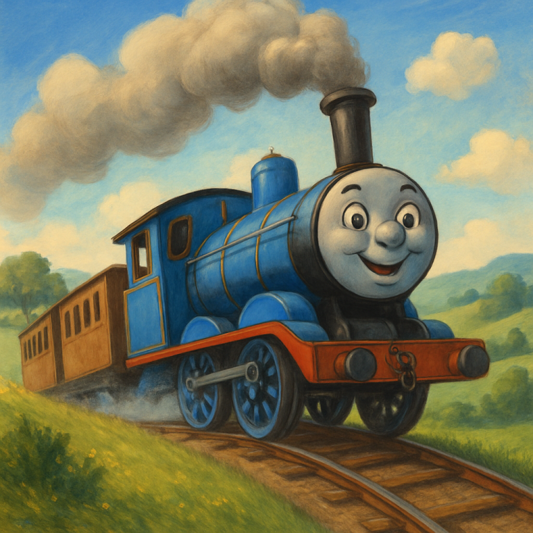 Small cheerful train climbing a hill with determination, bright kid style illustration