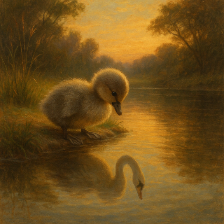 Small grey duckling looking into a pond and seeing a swan reflection, warm nature scene, gentle self discovery moment