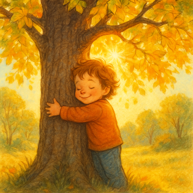 Child hugging a tree with bright leaves and sunlight shining through branches, warm emotional children story scene