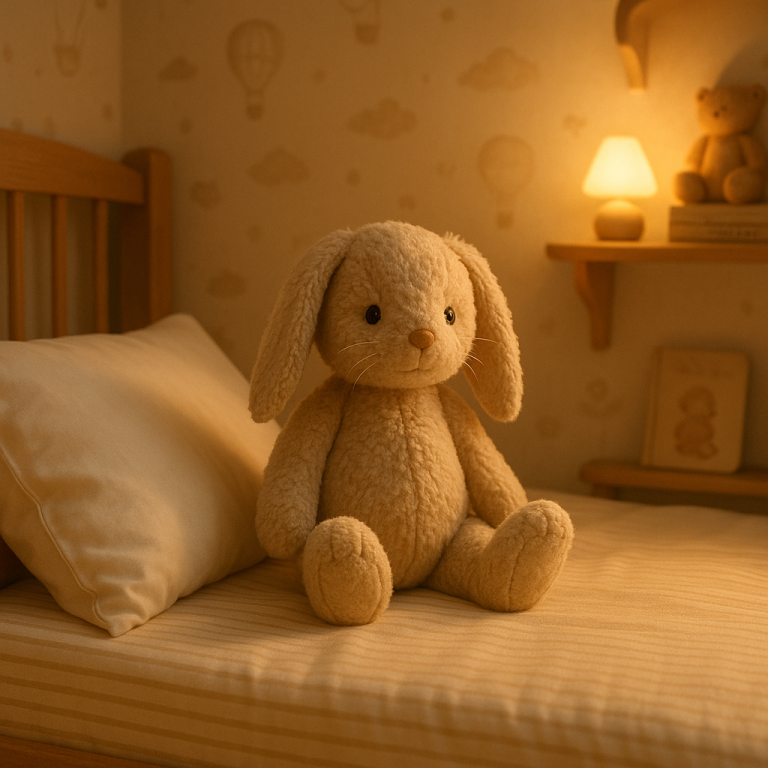 Stuffed rabbit sitting beside a child’s pillow, warm nursery lighting
